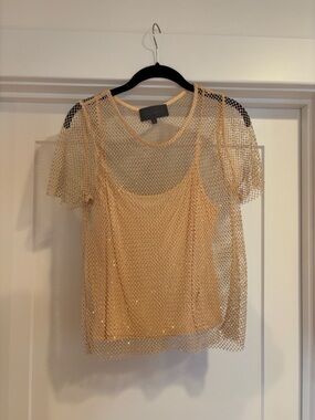 Anthropologie rhinestone Mesh Short Sleeve Top in blush Gold